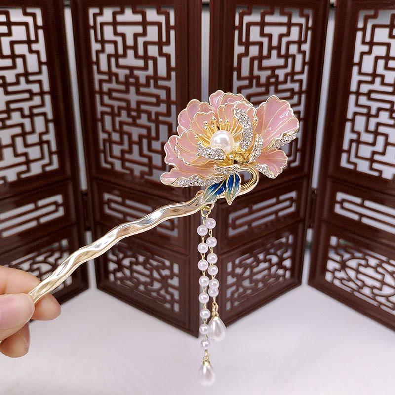 Elegant Peony Pearl Tassel Hairpin - Premium Hanfu Accessories for Women