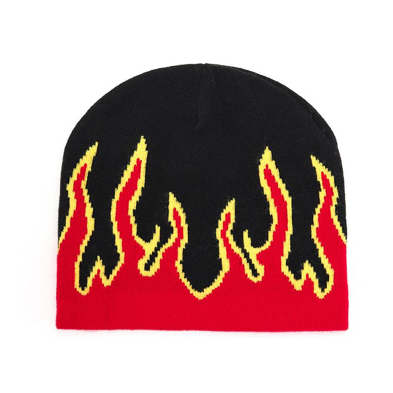 Neue Winter Outdoor Warme Strickmütze Flammenmuster Wollhut Street Totenkopfmütze Kältebeständige Baumwollmütze Hip-Hop Mützen black