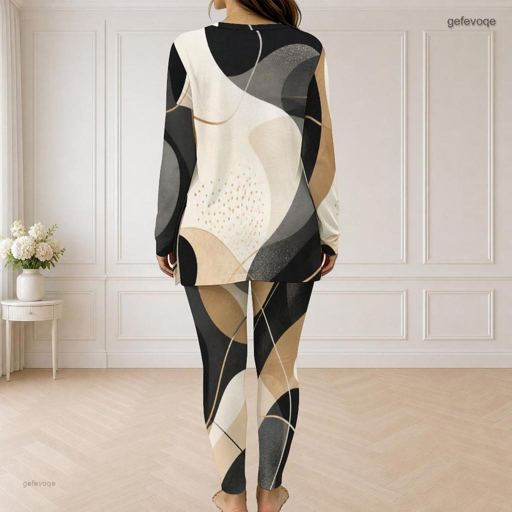 Women Plus Size Printed Two Piece Set Half Zip Neck Long Sleeve Top And Fitted Long Pants