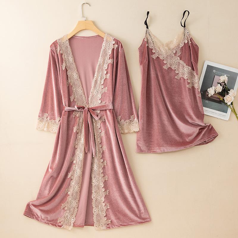 New Autumn Velvet Pajamas Two-piece Robe Set Feminine Lace See-through Robe Bathrobe Casual Velvet Home Clothes