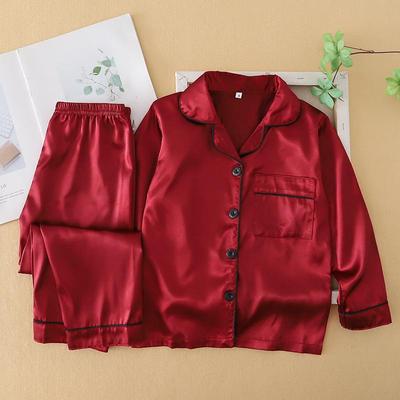 Kids' Ice Silk Pajama Set - Long Sleeve, Spring Summer, Red Cardigan