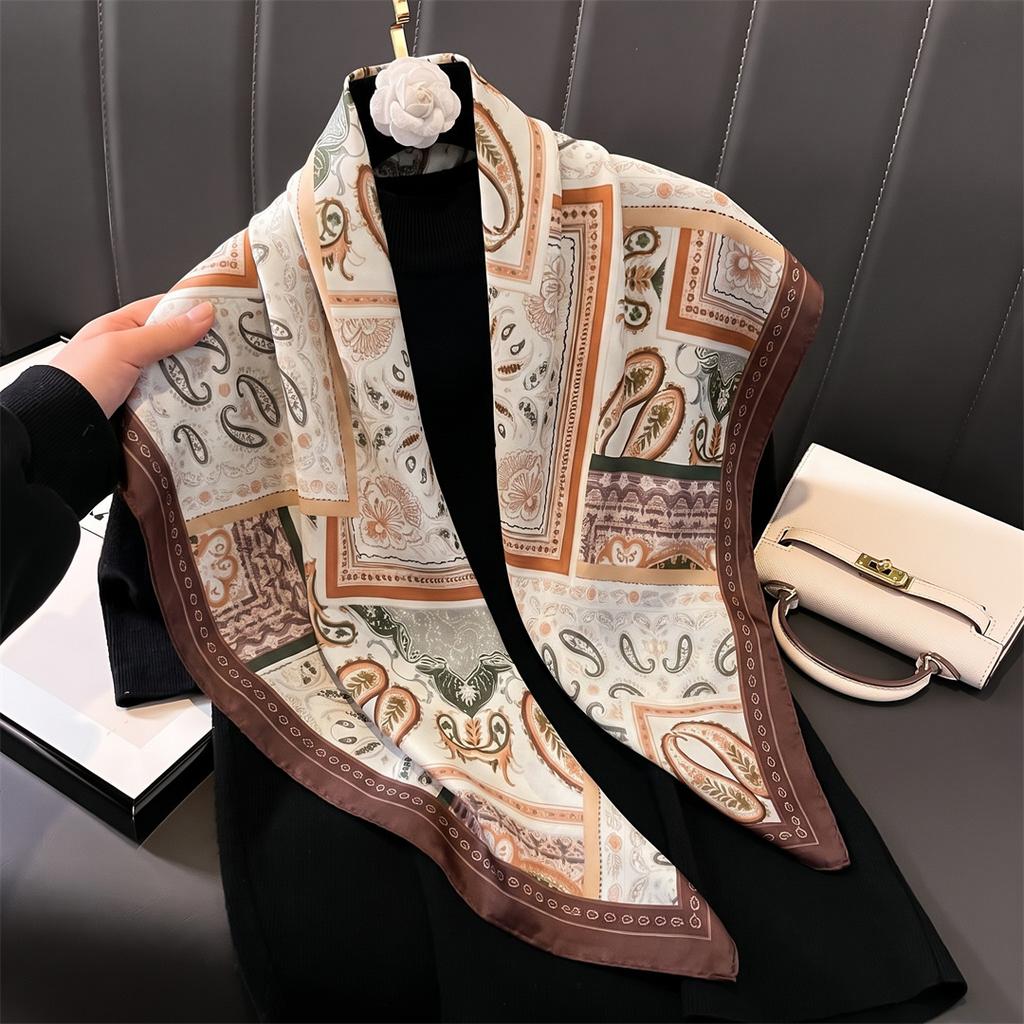 New Fashion Square Silk Scarf Women Luxury Satin Print Hijab Scarves Pareo Bandana Female Shawl Wrap Headband Foulard 90cm