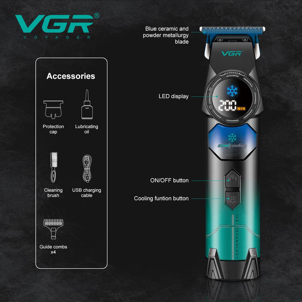 VGR Ice Technology Brushless Motor 8000RPM Metal Body Professional Hair Trimmer for Barber Haircut Machine Oil Head Clipper V-946 with LCD Display