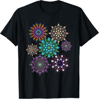 Camiseta Estilo Mandala de Pontos Padrão de Arte Pintura de Pontos Obra de Arte Colorida