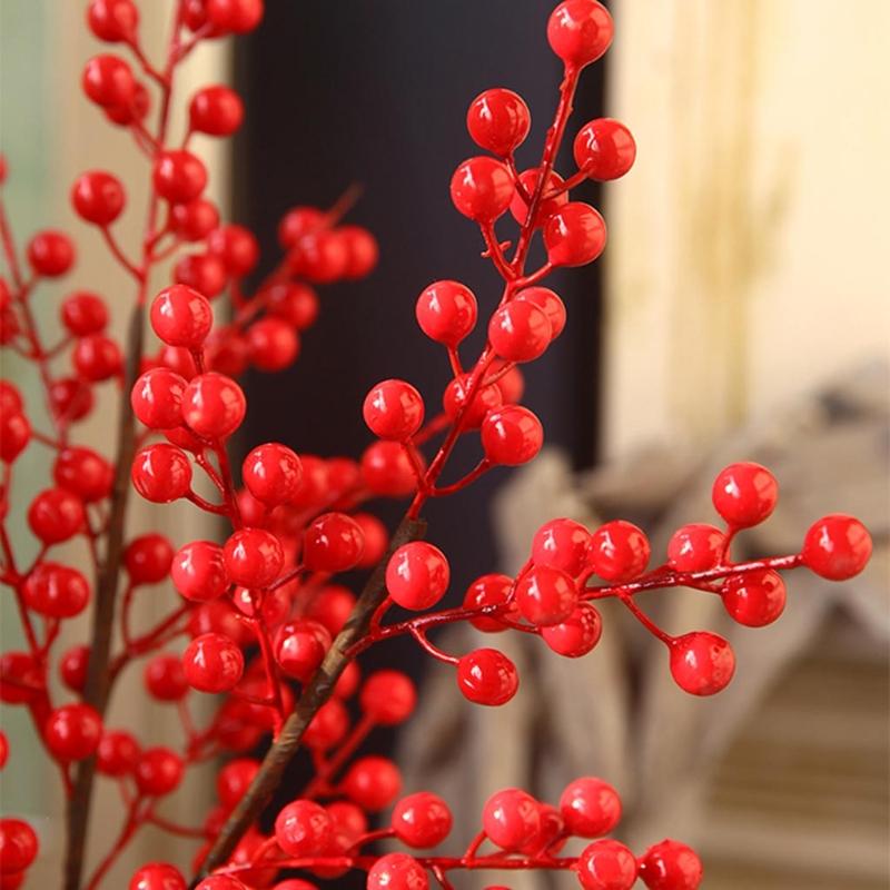 Artificial Red Berry with Stem 6 Branches Holly Berries Simulation Fake Flower