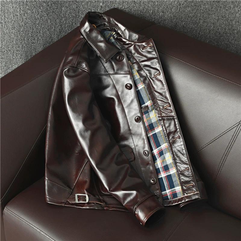 Men Waxed Tea Core Genuine Leather Biker Jacket Slim Fit Stylish Brakeman Coat Trendy Outerwear