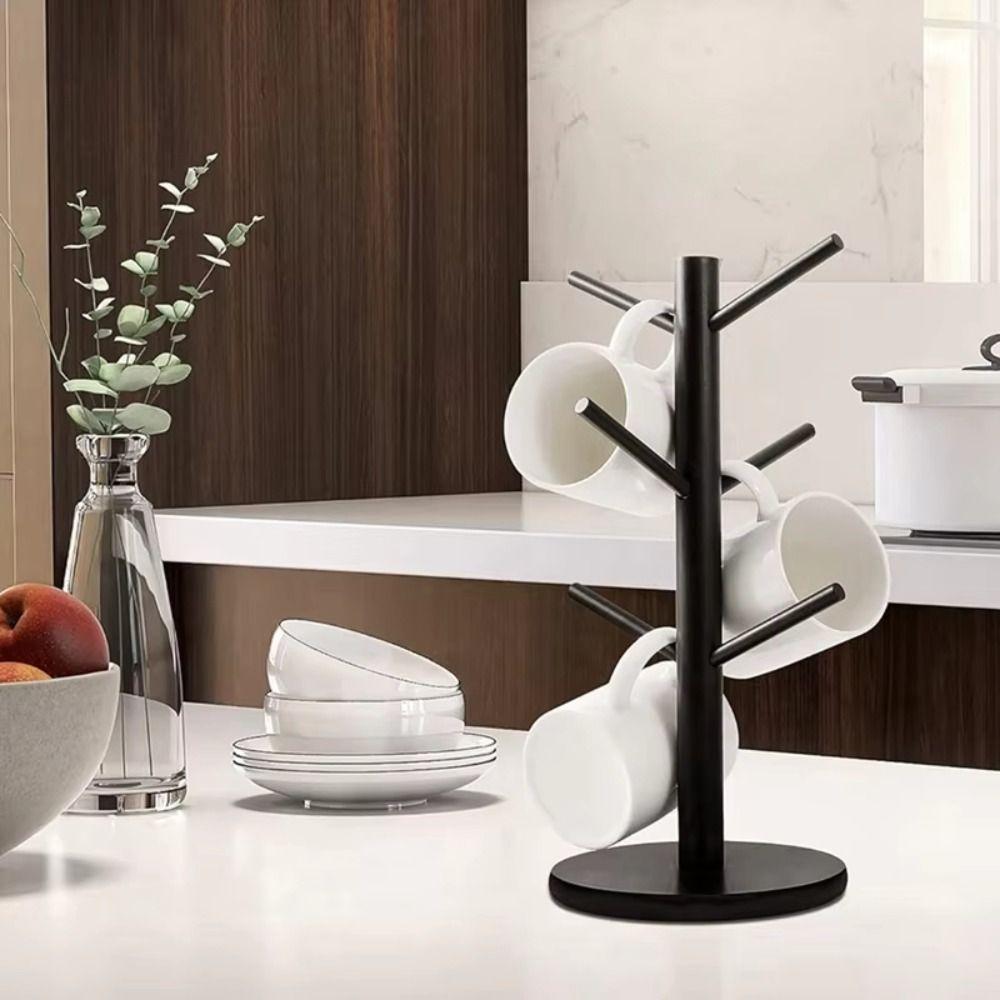 6 Hooks Bamboo Coffee Cup Holder Thickened Base Tree Shape Coffee Cup Rack Sturdy Design Wood Material Cup Storage Holder
