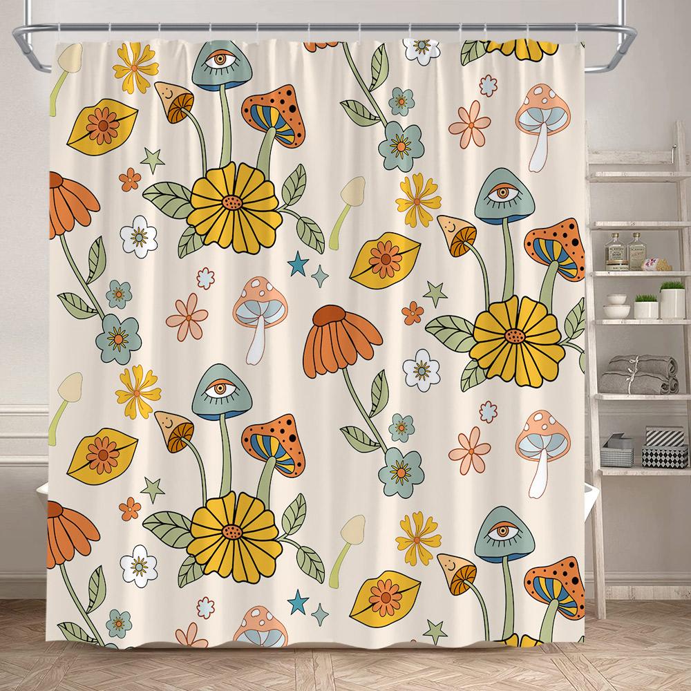 Rustic Mushroom Shower Curtain Floral Plant Leaves Moth Dragonfly Black Bathroom Curtains Polyester Fabric Home Decor with Hooks
