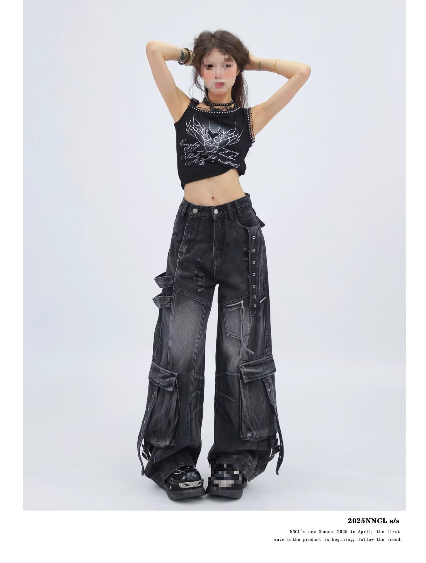 

Women s Deconstructed Multi-Pocket Ripped Cargo Jeans - Washed, Loose Straight Wide Leg 2XL синий
