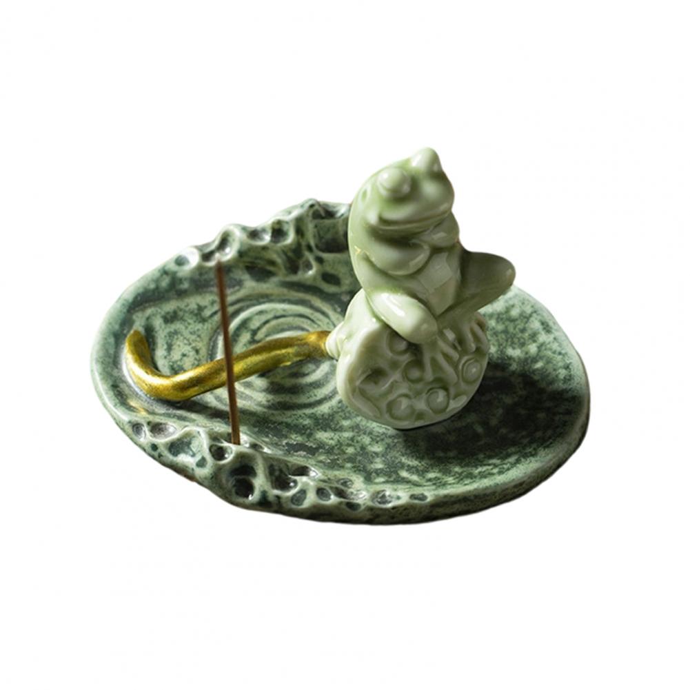 Meditation Frog Incense Stick Holder Ceramics Lotus Leaf Sitting Frog Incense Burner Home Office Desktop Decoration Ornament