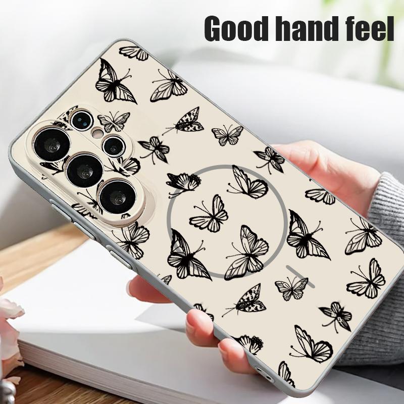 Line Rose Butterfly Floral Pattern Case For Samsung Galaxy S26 Ultra S25 Edge S24 Plus S23 FE S22 A17 A54 A55 A56 A57 5G Magnetic For Magsafe Cover