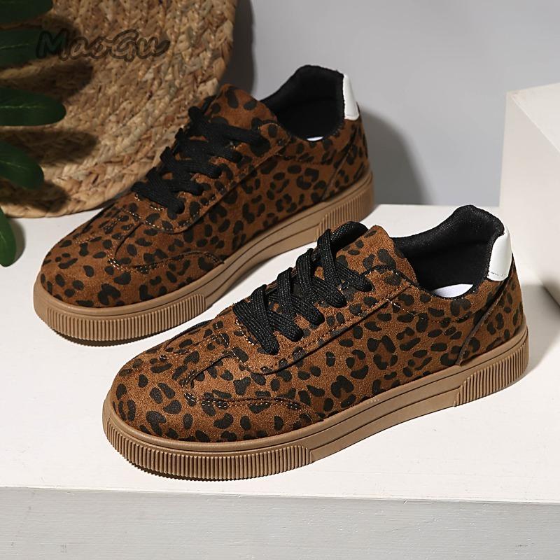 Brązowe Leopardowe Sznurowane Damskie Buty Wulkanizowane Wiosna Jesień Okrągły Nosek Modne Codzienne Trampki Wygodne Płaskie Zapatillas De Mujer