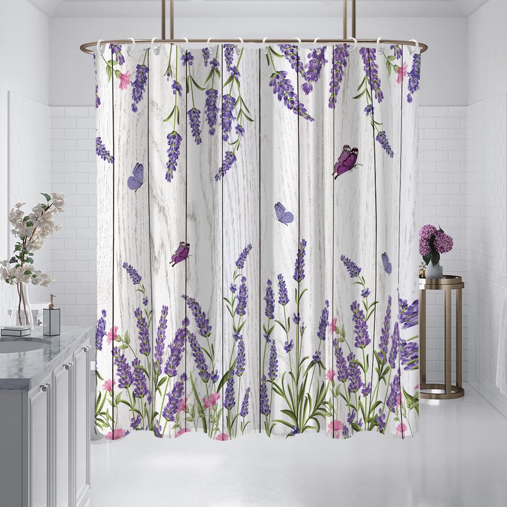 1 Piece 180X180Cm Natural Floral Purple Lavender Pattern Printed Shower Curtain Partition Bathroom Waterproof And Mildew Proof