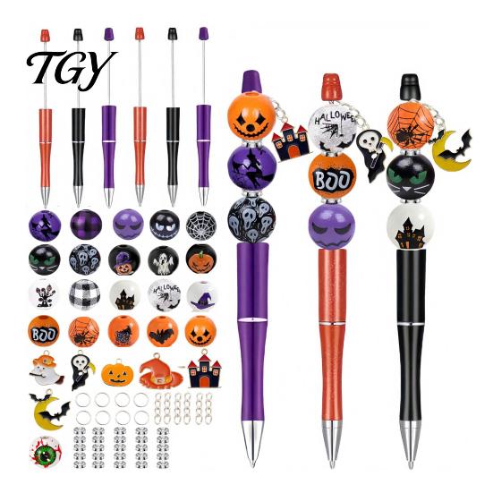 Handmade Wooden Writing Pens 6PCS Halloween Beadable Pen Kit, DIY Ballpoint with Pumpkin Witch Unique Ghost Theme Beads, Creative Smooth for
