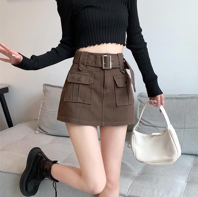 Korean Style High-Waisted A-Line Denim Skirt Pants with Belt for Women - Summer 2025 Collection