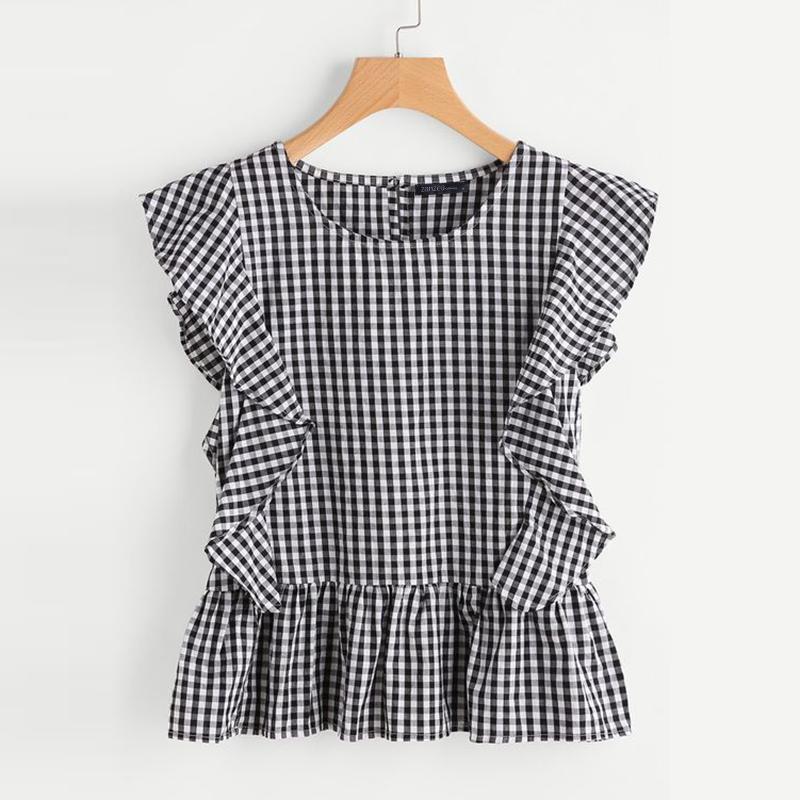 

ZANZEA Летняя повседневная блузка без рукавов с оборками и клетчатым принтом 5XL чёрный