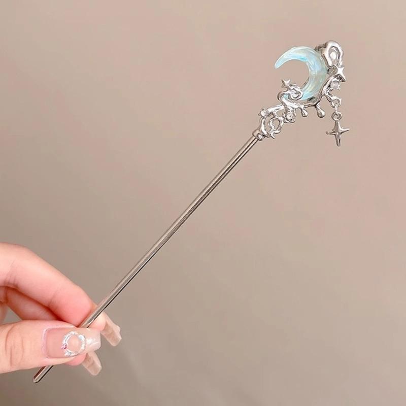 4PCS Silver Hair Bun Sticks For Long Hair Ancient Metal Hairpins With Moonstone Decoration Chinese Costume Hairpin