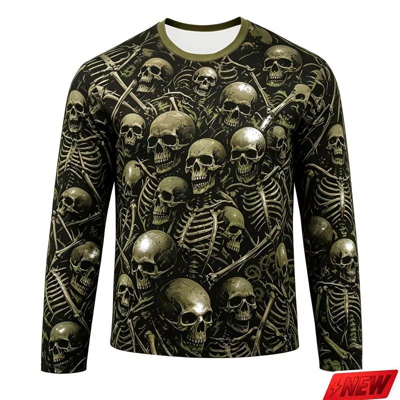 Men Gothic Full Print Skull Skeleton Long Sleeve T Shirt Halloween Punk Print Y2K Hip Hop Family Matching Casual Fitness Tops