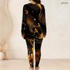 Women Plus Size Two Piece Pants Set Round Neck Long Sleeve Nebula Printed Longline Top And Fitted Pants