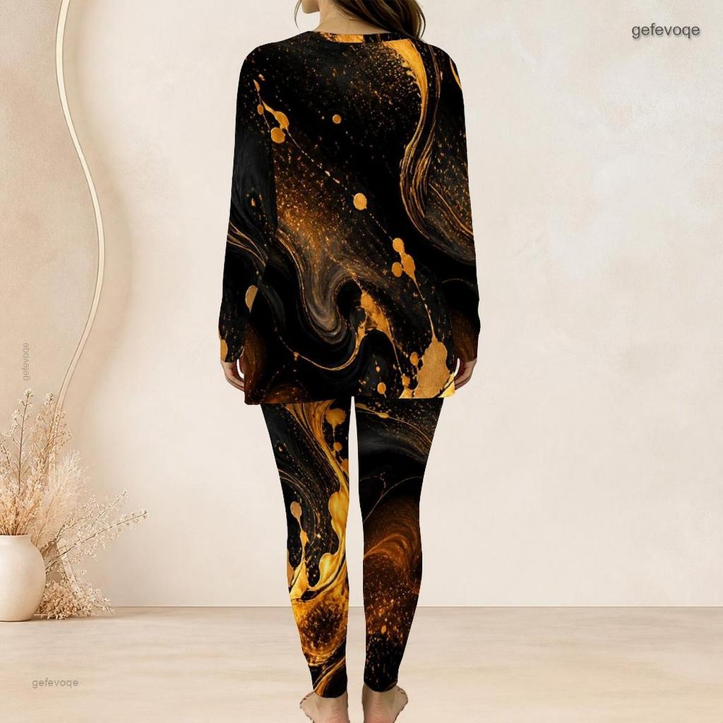 Women Plus Size Two Piece Pants Set Round Neck Long Sleeve Nebula Printed Longline Top And Fitted Pants