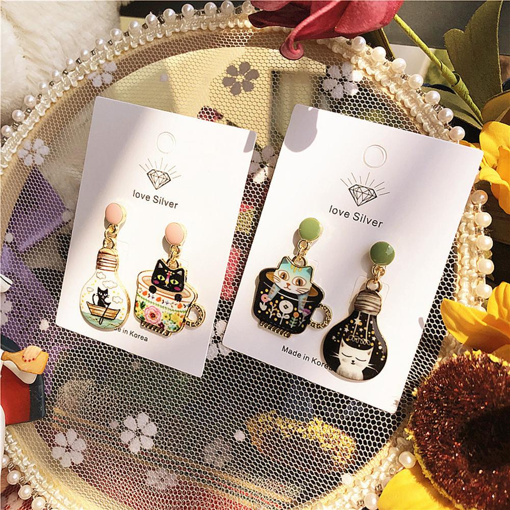 Fashion Asymmetric Cute Enamel Zinc Zinc Alloy Stud Earrings Animals pendants earrings Cup Cat Light Bulb Cat