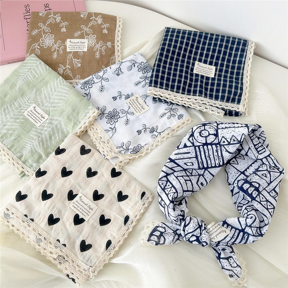 French retro cotton flower small scarf headband women's pure cotton thin bag head small scarf decorative square scarf headscarf
