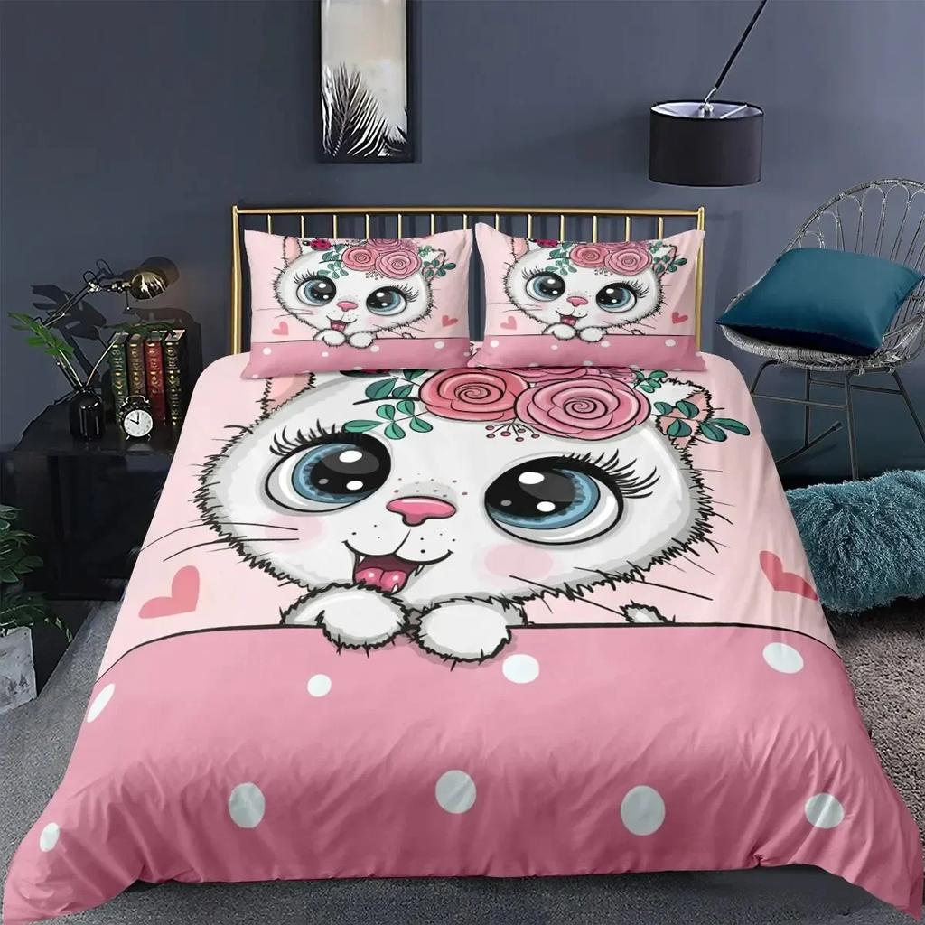 Cat Cartoon Cute Kitten Comfortable Duvet Quilt Cover Pillowcase Bedding Set Children Bedroom Decoration Home Textile