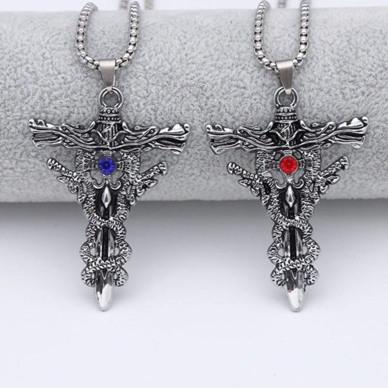 Punk Titanium Steel Necklace For Men Alloy Double Dragon Sword Pendant Choker Vintage Evil Eye Cross Jewelry Gift