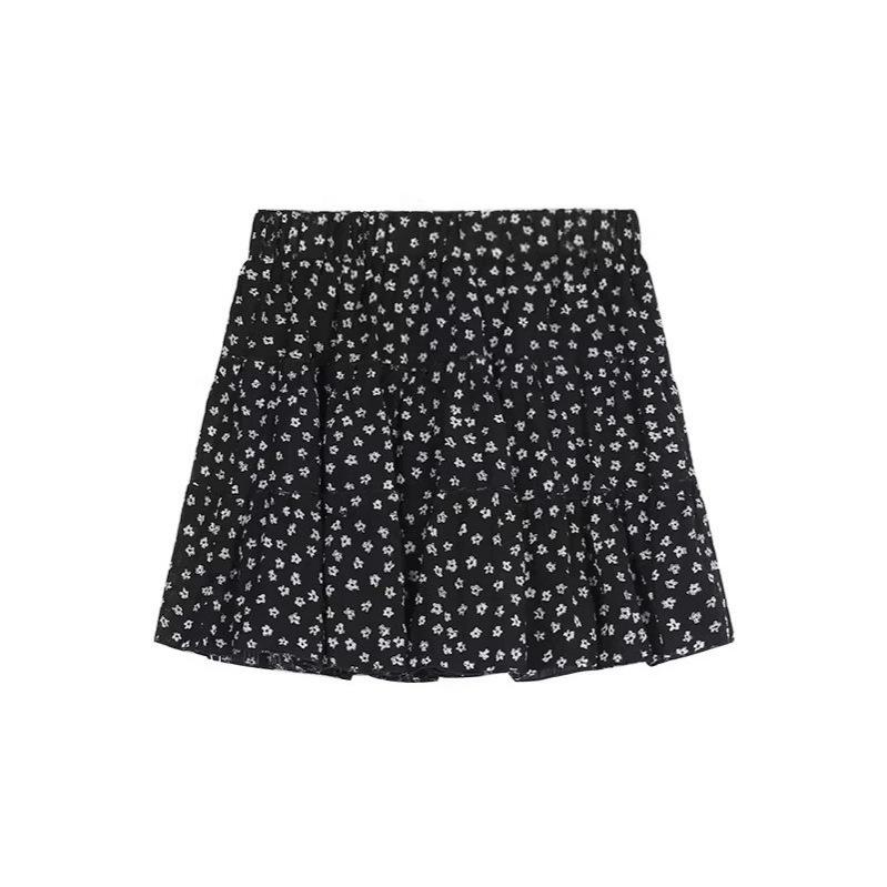 Polka Dot Floral High-Waist A-Line Midi Skirt, Women's Summer 2025 Collection - Black Puffy Cake Design