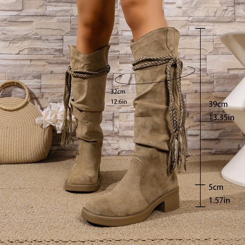 Fashion Sexy Tassel Suede Long Western Cowboy Boots Women 2025 Winter Thick Heel Knee High Boots Retro Khaki Medium Heel Shoes Plus Size