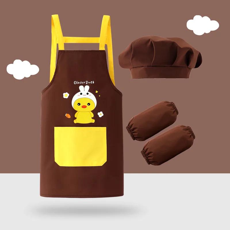 Cartoon  Kids Apron 3 Piece Set, Boys and Girls Painting Waterproof Apron, with Hat Sleeve Cover Shirt Apron Kitchen Accessories