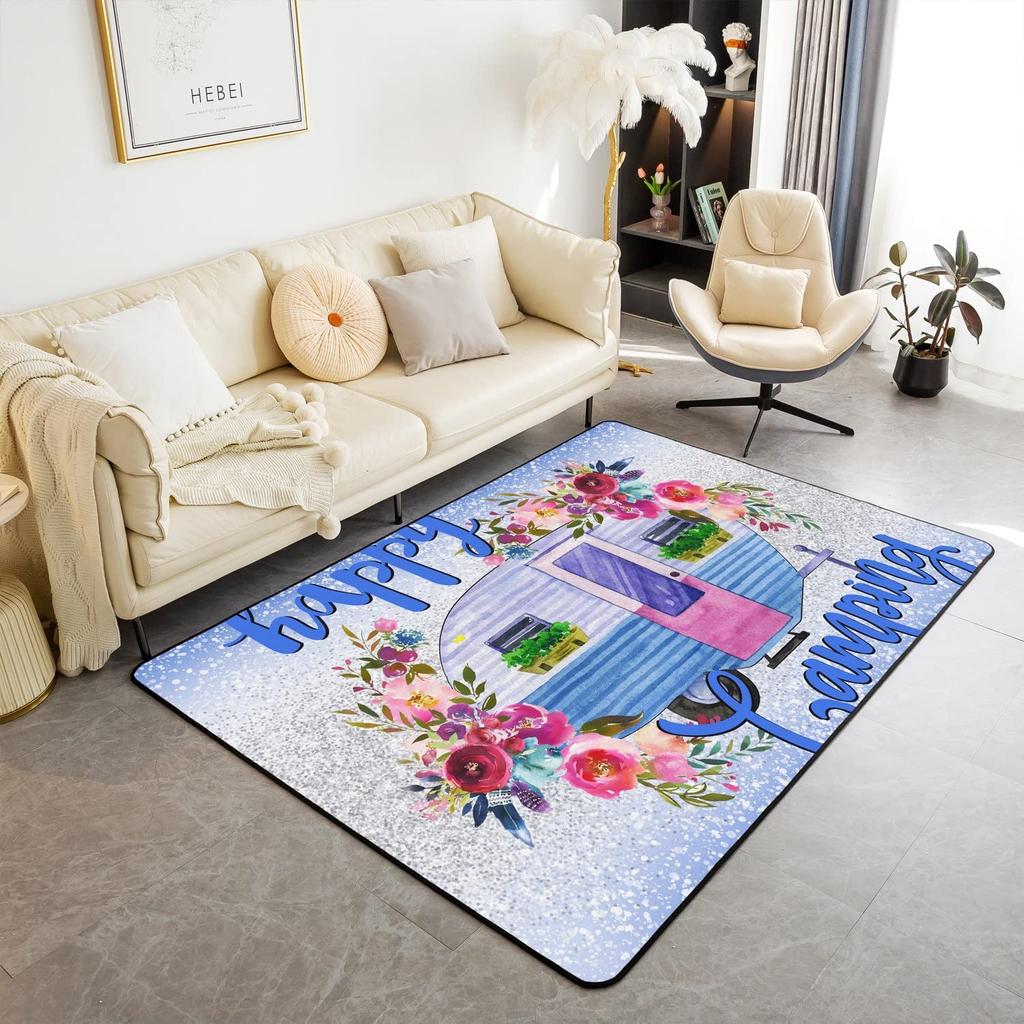 Happy Camping Living Room Rugs,Rv Car Area Rug,Vintage Farmhouse Style Non Slip Carpet, Camper Indoor Floor Mat for Travel Lover