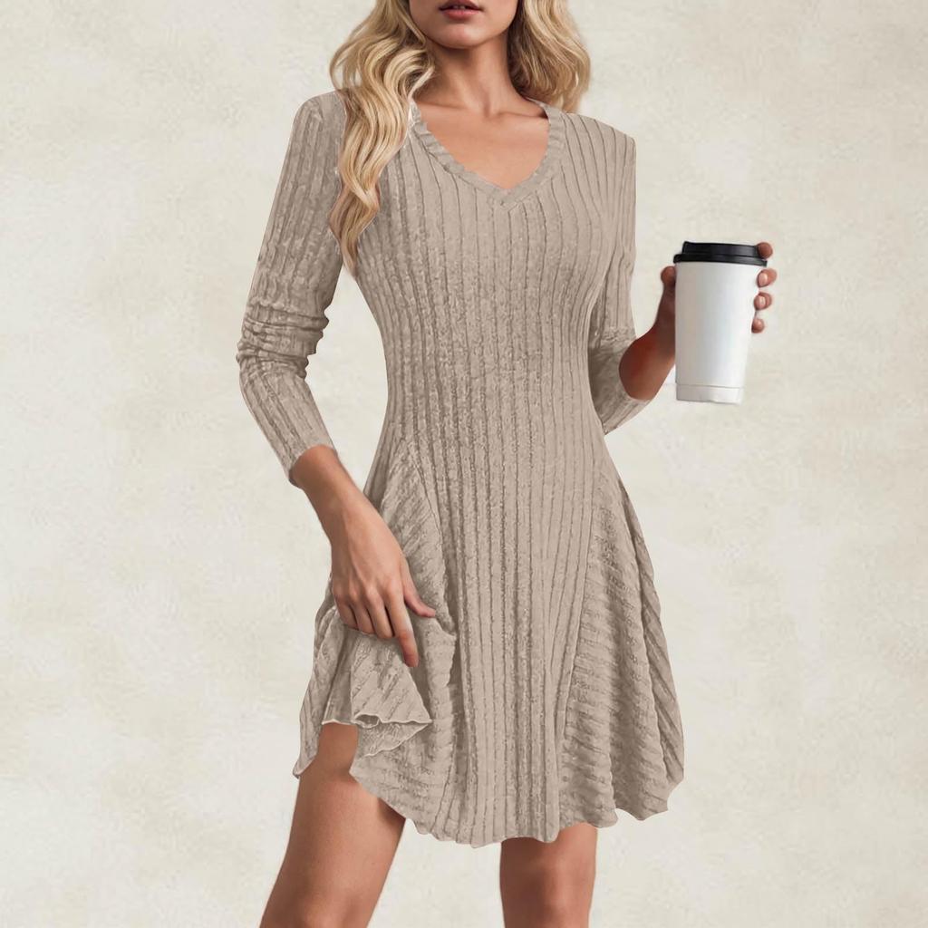 Women's Fashion Casual Solid Color V-neck Long-sleeve A-line Dress