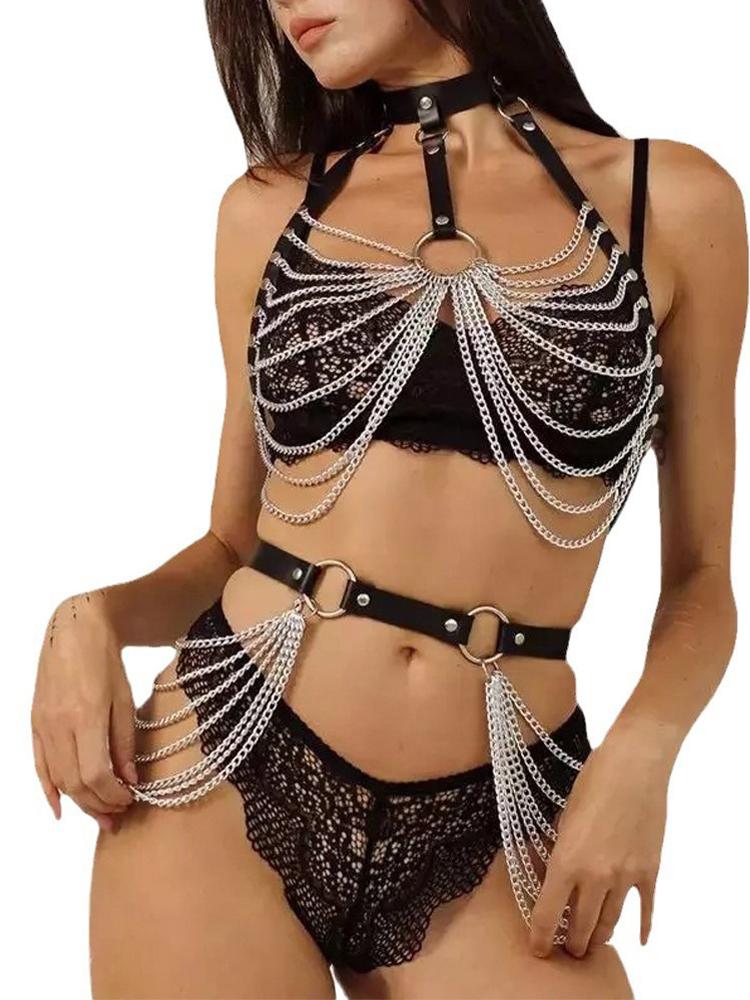 Fashion Women Body Harness Sexy Leather Lingerie with Chain Bra Bondage Suspender Harness Fetish Goth Exotic Clothing Accessorie