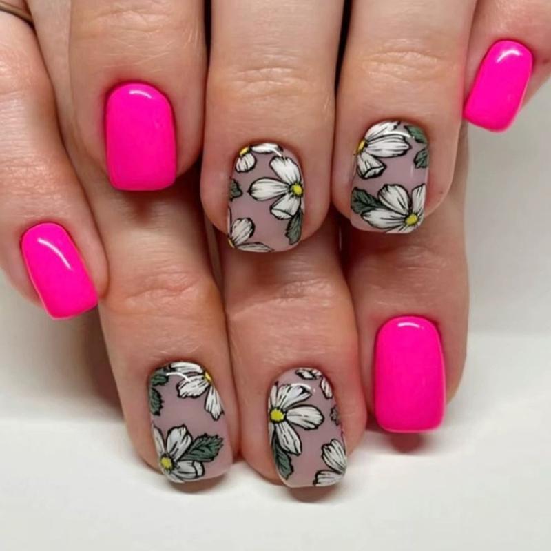 Square Press On Nail Flower Fake Nail Glues On Nail Artificial Acrylic Nail 12 Size 48pcs Stick On Nail for Women Girls