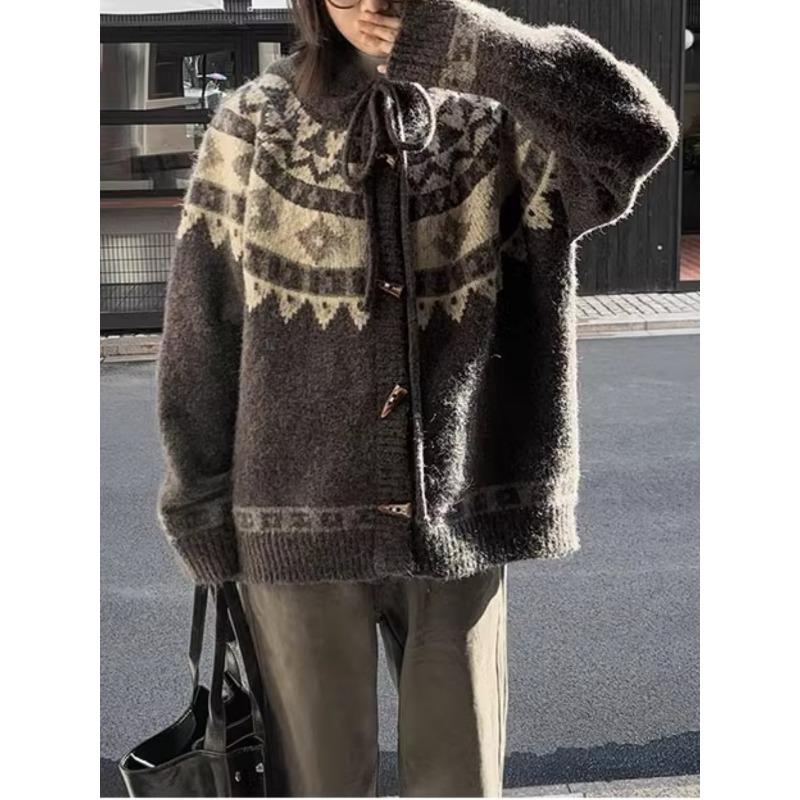 

Ретро ленивый ветер худи женский осенне-зимний новый дизайн чувство однобортная роговая пуговица толстый теплый вязаный топ One Size темный кофе