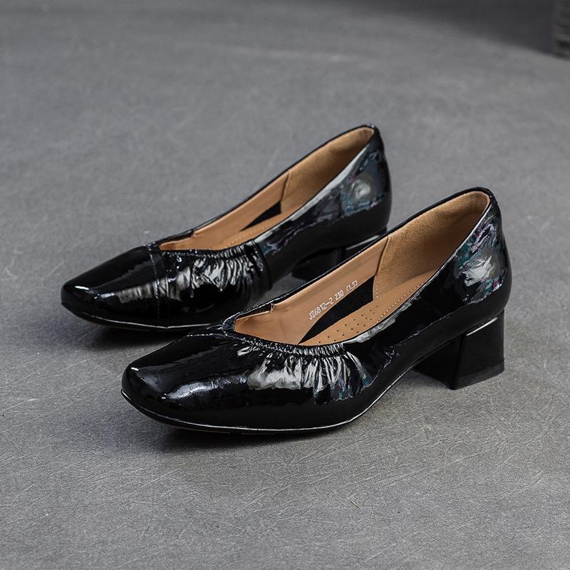 Johnature Square Toe Office Lady Pumps Genuine Leather Fashion Thick Heeled Slip-on Women's Shoes