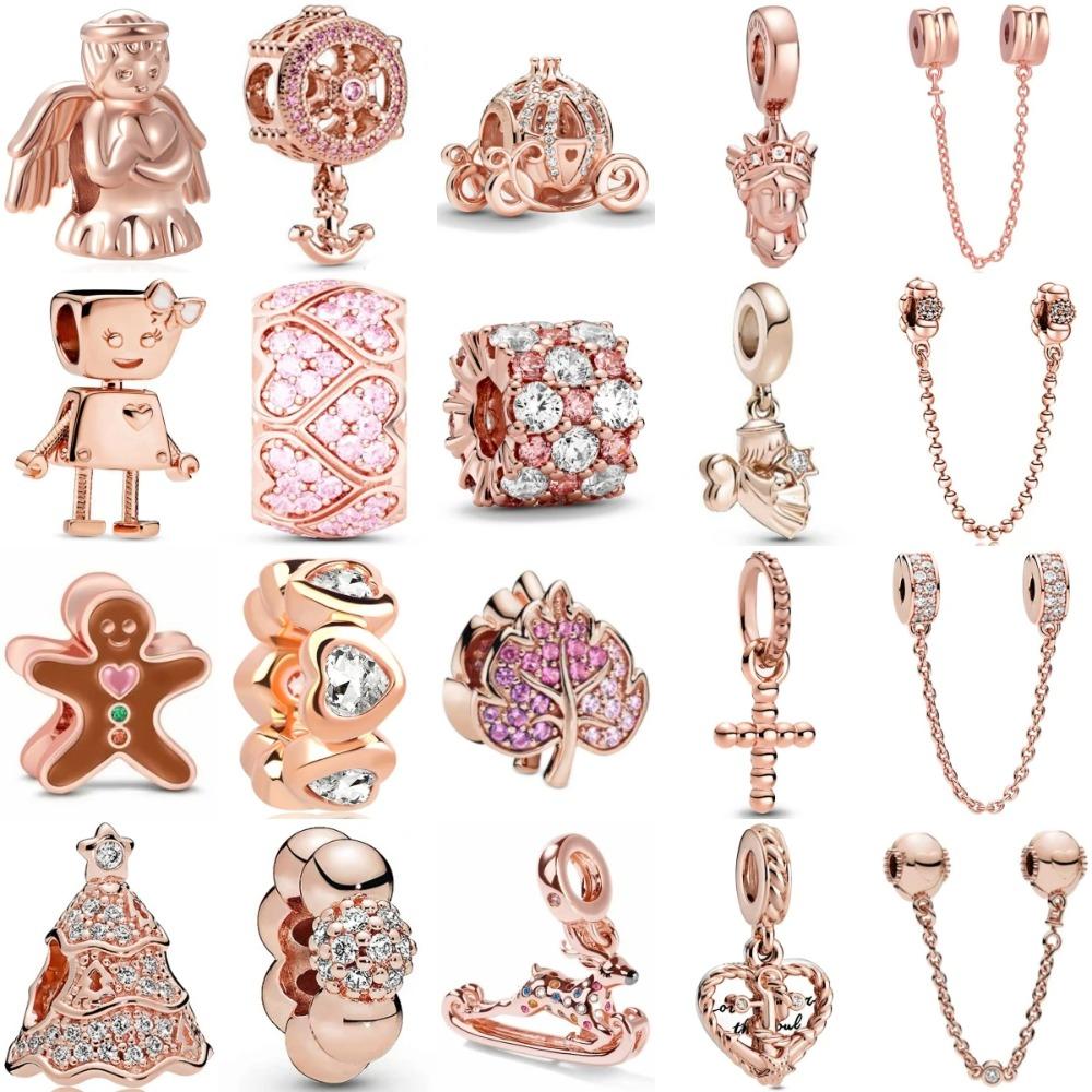 925 Rose Gold Anchor Angel Leaf Charm Bead Chain For DIY Bracelet Jewelry Ladies Accessories