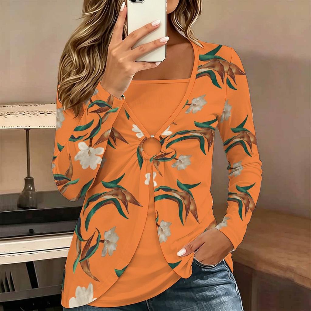 Tops for Women  Floral Print Long Sleeve Fake Two‑Piece Top Fall Casual Slim Pullover Women's Long Sleeve Top