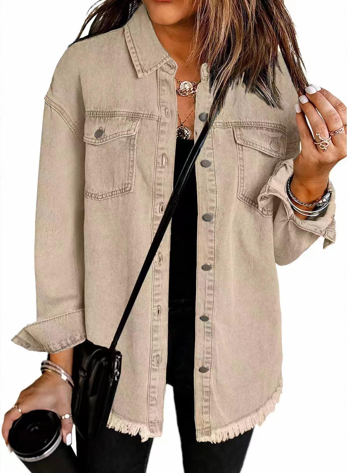 2025 European Casual Frayed Hem Denim Jacket Shirt XL хаки
