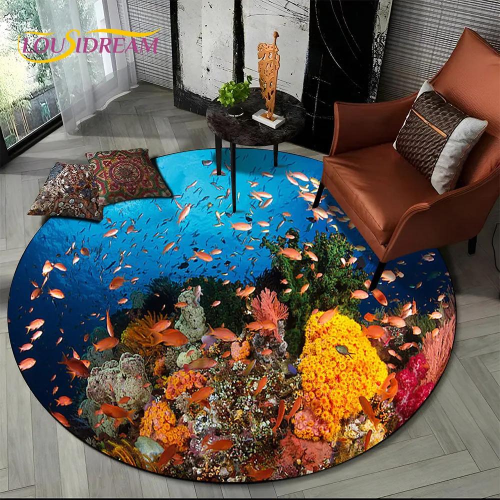 

3D морское дно, подводный мир, дельфин, черепаха, круглый коврик, ковер для гостиной, спальни, диван, декор для игровой комнаты, нескользящий напольный коврик Diameter 60cm