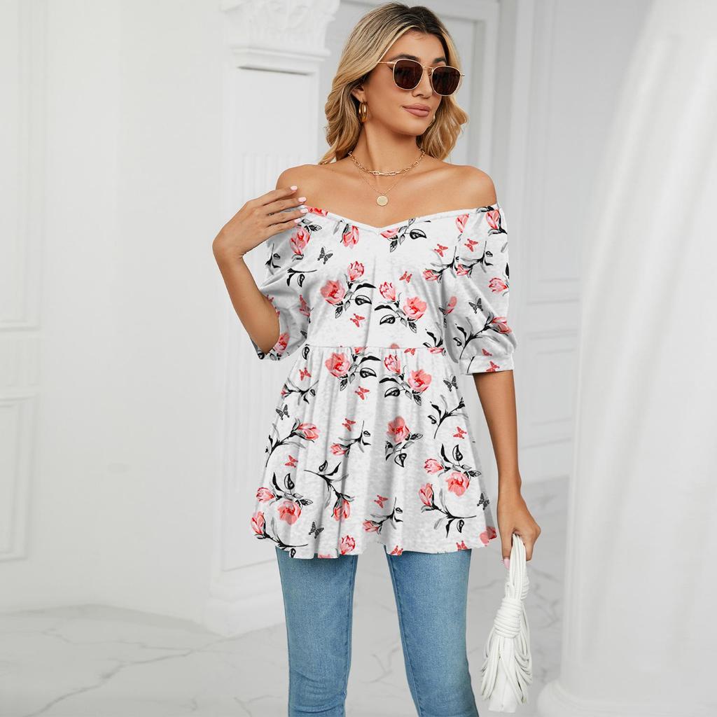 Summer Women's T-shirt V-neck Printed T-shirt Bubble Short Sleeve Drawstring Tops