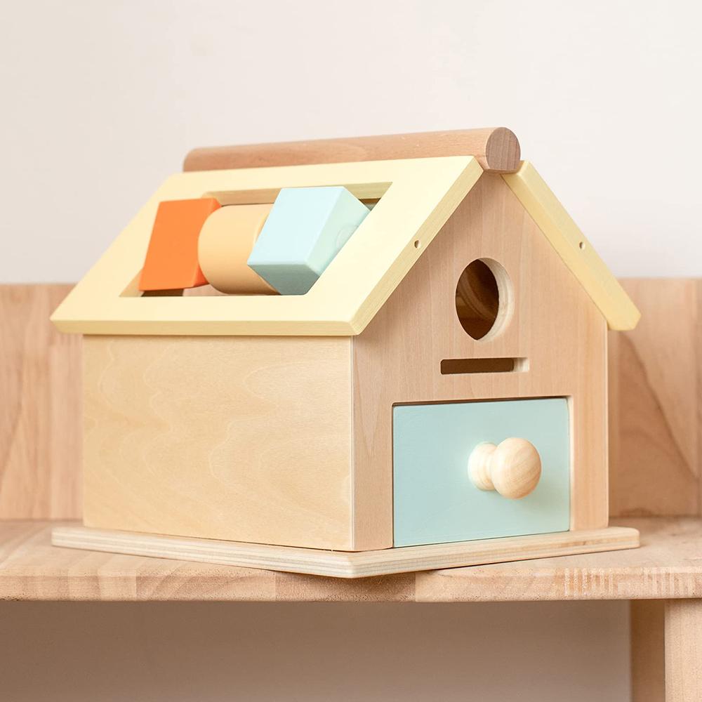 Montessori Wooden Toys 5 In 1 Object Permanence Box Ball Coin Drop Toy House Rainbow Spinning Drum&Shape Sorter for Toddlers