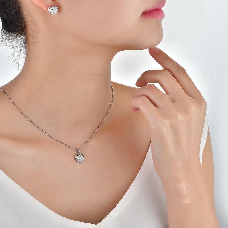 Beixi s925 Sterling Silver Heart-Shaped Diamond Necklace & Stud Earrings Set - Elegant Women s Jewelry 925 Silver