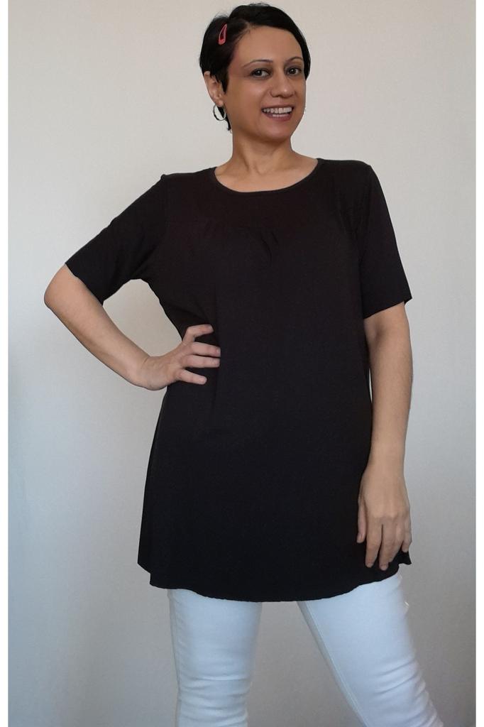 Women's Style Big Size T-Shirt Black Gathered Combed Cotton Viscose T-Shirt With Cropped Front And Back