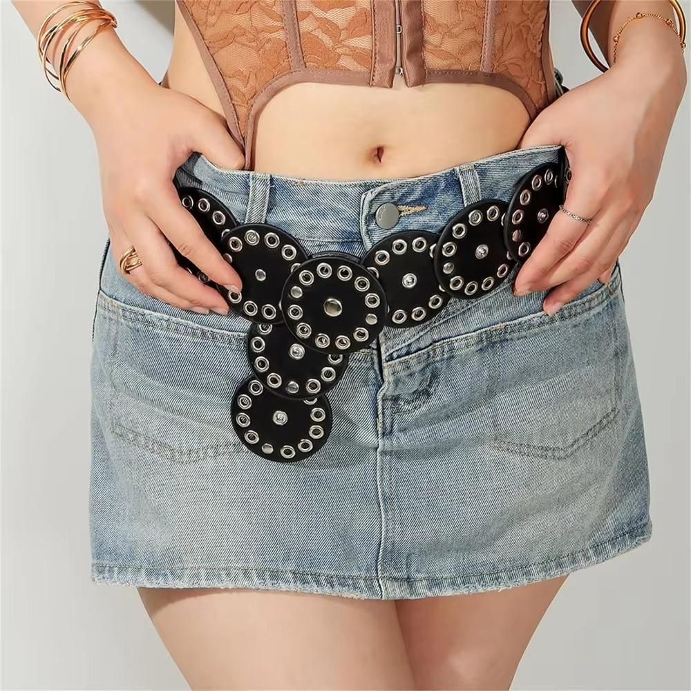 Zinc Zinc Alloy Disc PU Hollow Belt Y2k Concho Waistband Vintage Rivet Wide Belt Waist Seal