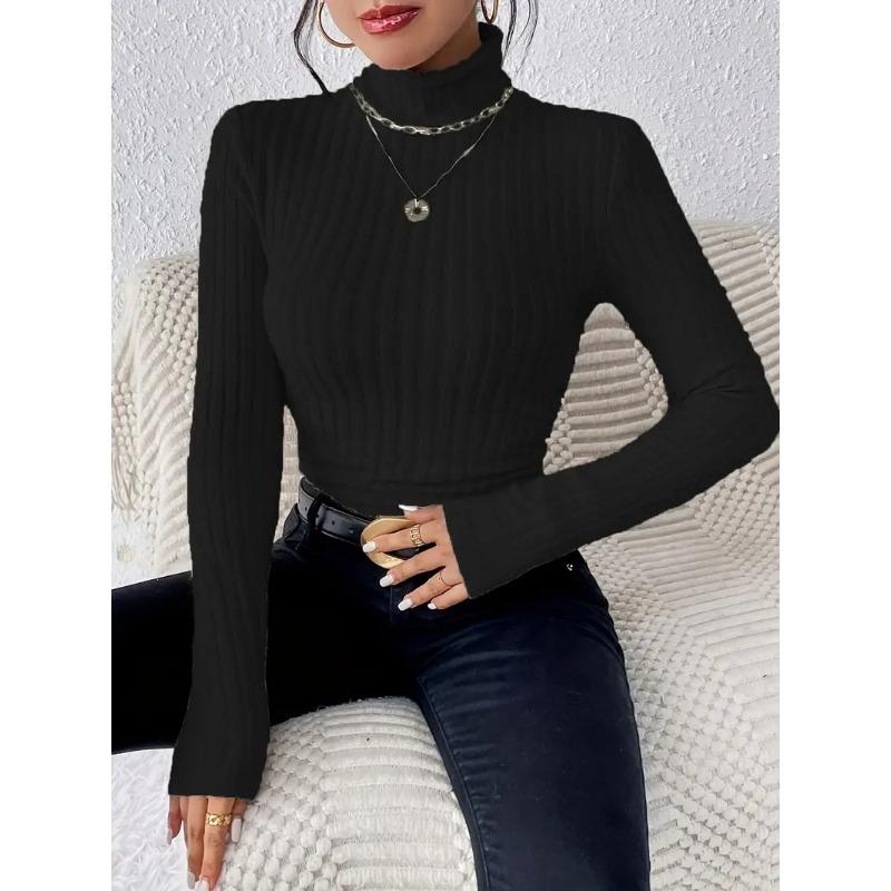 Women's Autumn and Winter High Neck Solid Colour Casual Temperament Long-sleeved Grinding Wool Pit Stripes Knitted T-shirt Tops