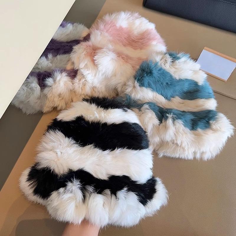 Autumn Winter Color Velvet Fisherman Hat Striped Cloud Hat for Women Warm Knitted Basin Hats Trendy