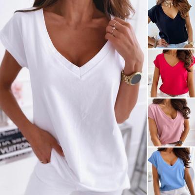 V-Neck Short Sleeve Breathable Simple T-shirt Women Solid Color Pullover Top Streetwear