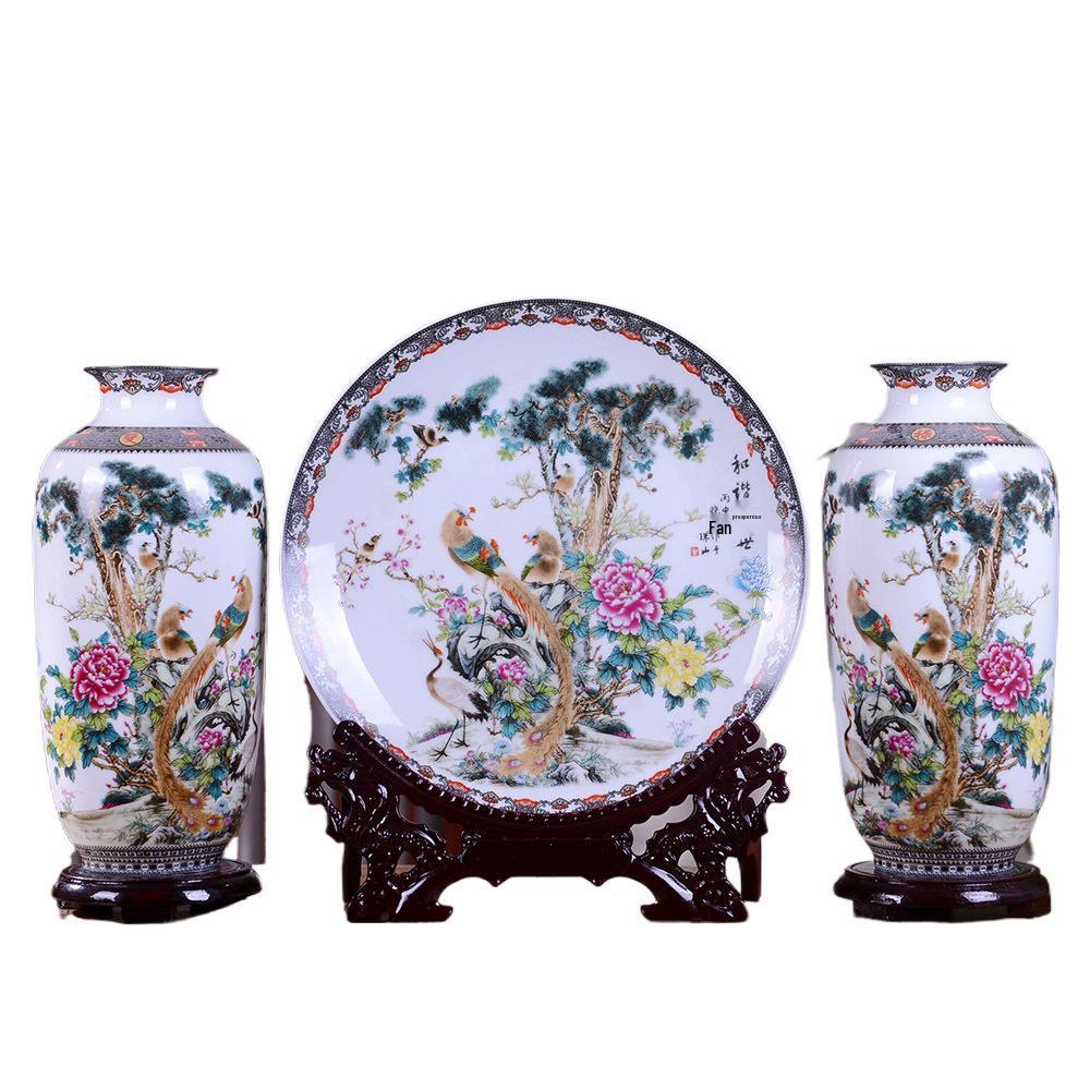 Famille Rose Mountain and River Ceramic Vase Set - Modern Three-Piece Home Decor